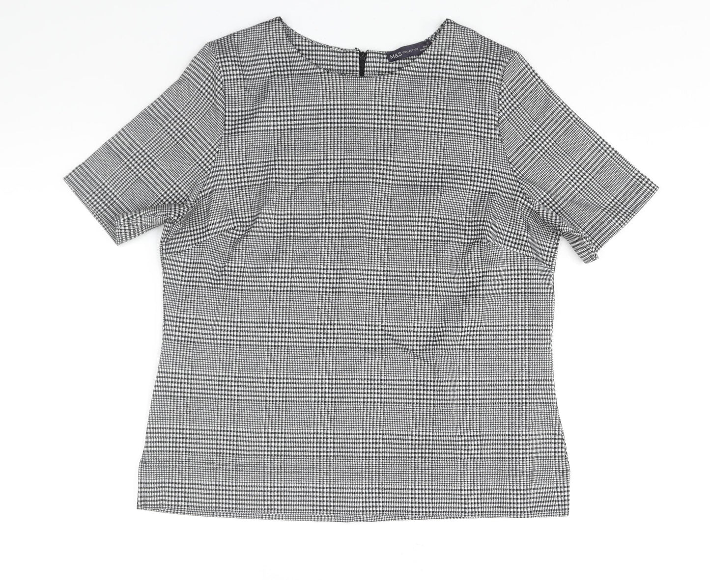 Marks and Spencer Womens Grey Check Polyester Basic Blouse Size 14 Round Neck