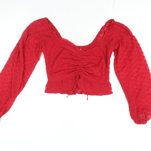 Hollister Womens Red Polyester Cropped Blouse Size S Sweetheart - Rouched Drawstring Frill