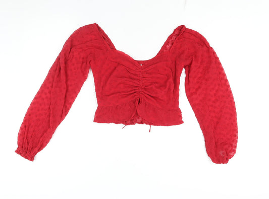 Hollister Womens Red Polyester Cropped Blouse Size S Sweetheart - Rouched Drawstring Frill