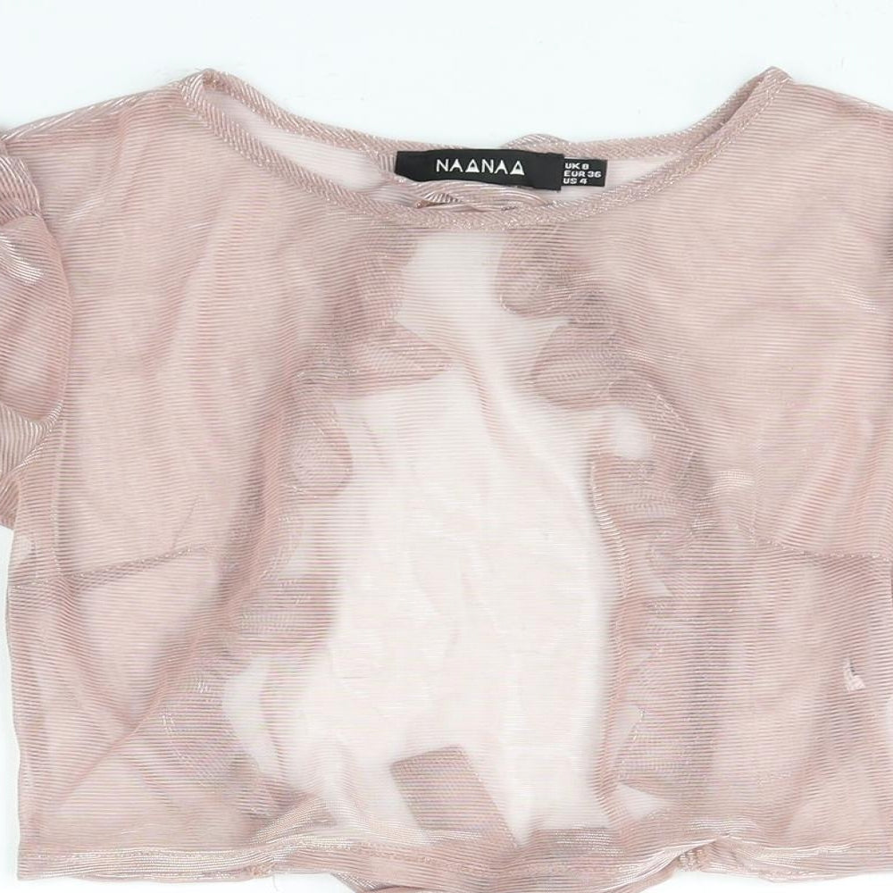 NaaNaa Womens Pink Polyester Cropped Blouse Size 8 Round Neck - Semi Sheer Frill Open Back