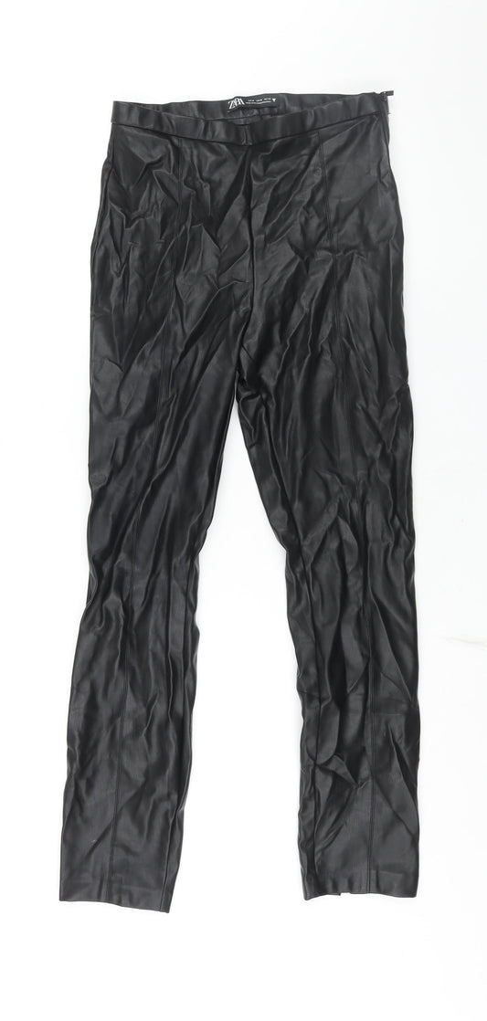 Zara Womens Black Polyurethane Trousers Size M L29 in Regular Zip - Leather Look