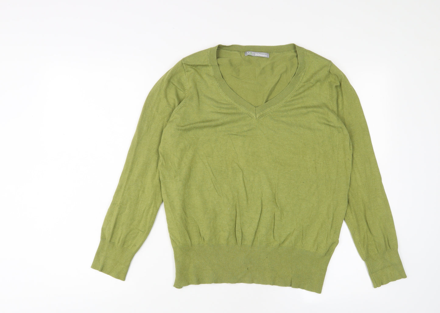 Marks and Spencer Womens Green V-Neck Viscose Pullover Jumper Size 16