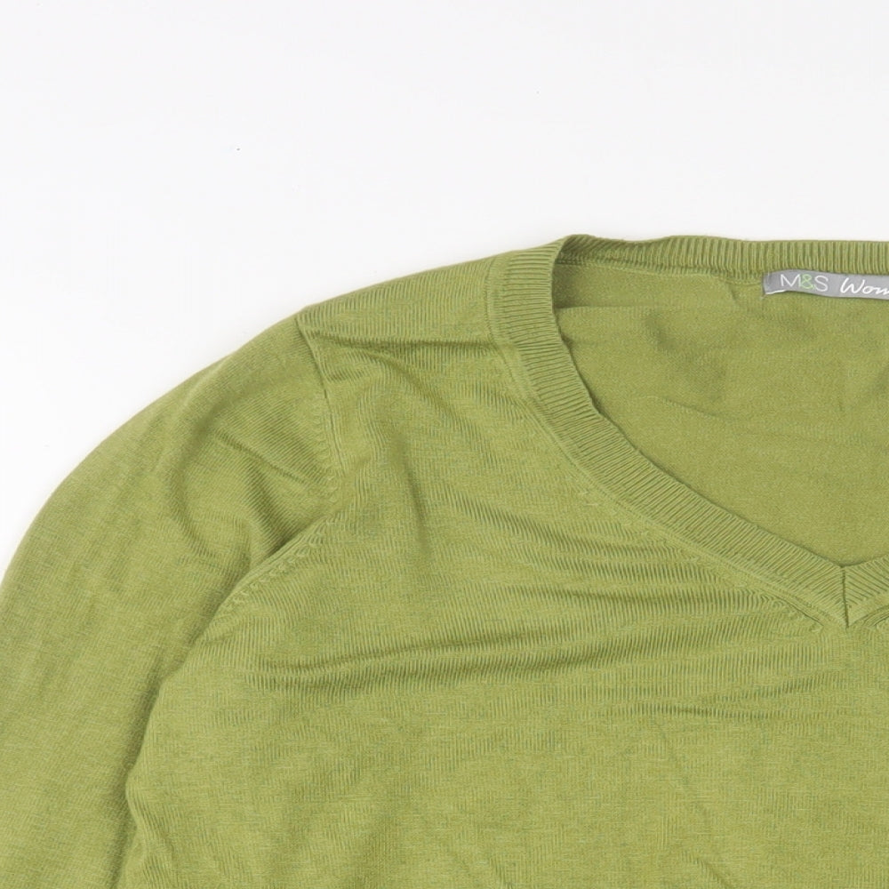 Marks and Spencer Womens Green V-Neck Viscose Pullover Jumper Size 16