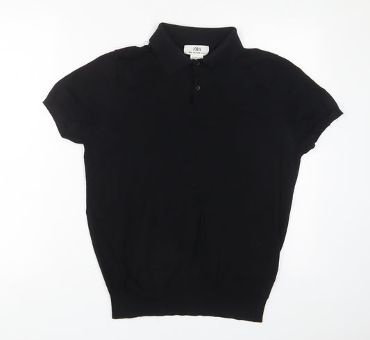 Zara Mens Black Cotton Polo Size M Collared Button