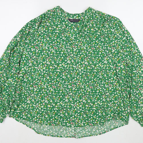 Marks and Spencer Womens Green Floral Viscose Basic Blouse Size 14 V-Neck