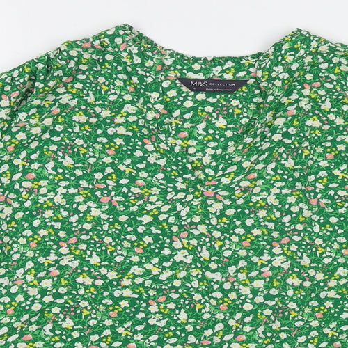 Marks and Spencer Womens Green Floral Viscose Basic Blouse Size 14 V-Neck