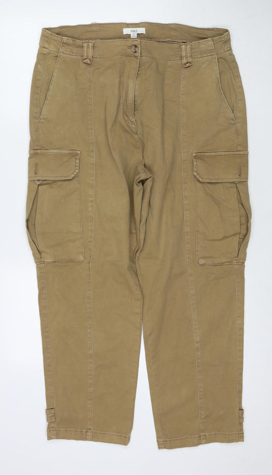 Marks and Spencer Womens Brown Cotton Cargo Trousers Size 16 L27 in Regular Zip