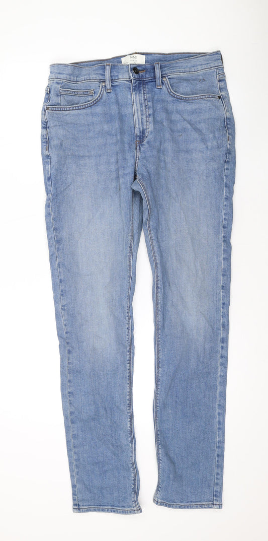 Marks and Spencer Mens Blue Cotton Skinny Jeans Size 32 in L32 in Regular Zip