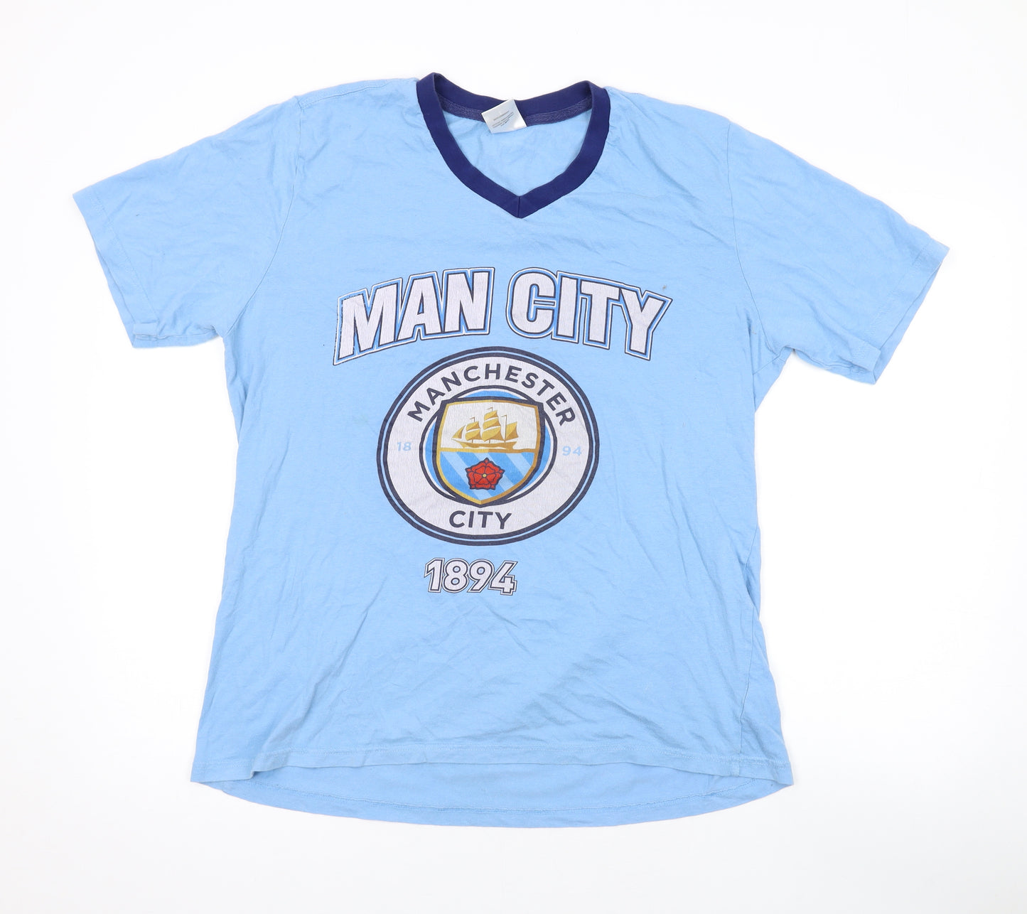 Manchester City FC Mens Blue Cotton T-Shirt Size L V-Neck