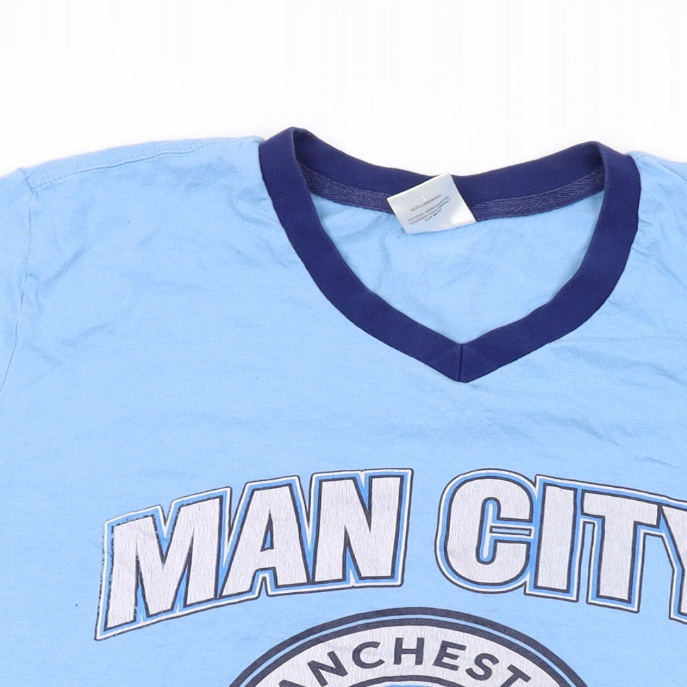 Manchester City FC Mens Blue Cotton T-Shirt Size L V-Neck