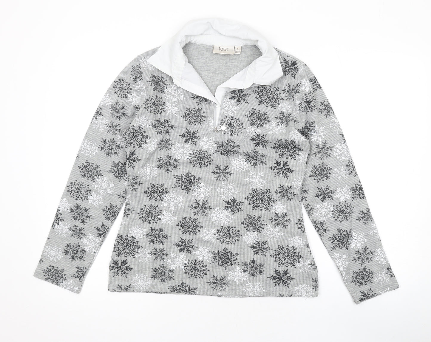 Baxter & Wells Womens Grey Collared Geometric Cotton Pullover Jumper Size S - Snowflakes