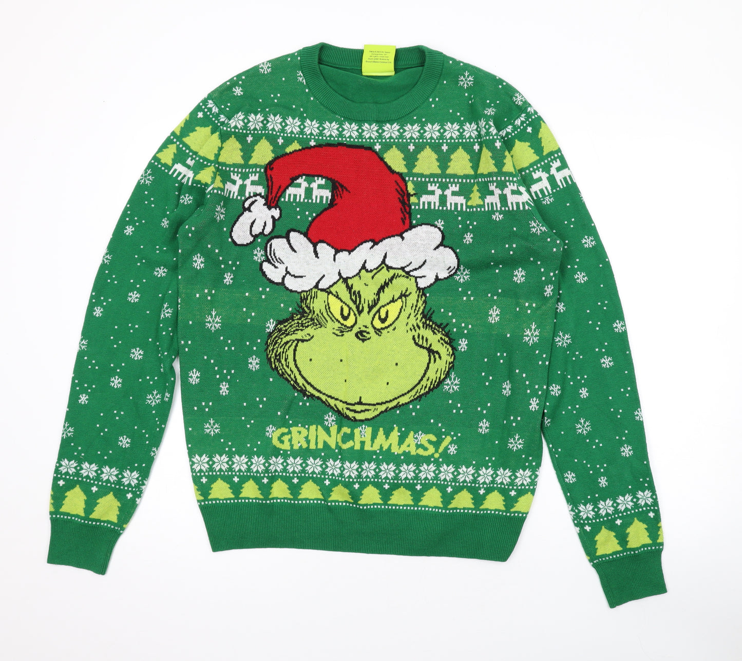 The Grinch Mens Green Round Neck Geometric Cotton Pullover Jumper Size M Long Sleeve - Christmas