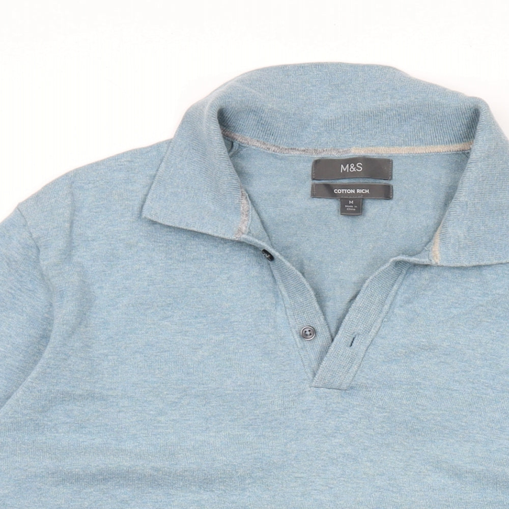 Marks and Spencer Mens Blue Collared Cotton Pullover Jumper Size M Long Sleeve