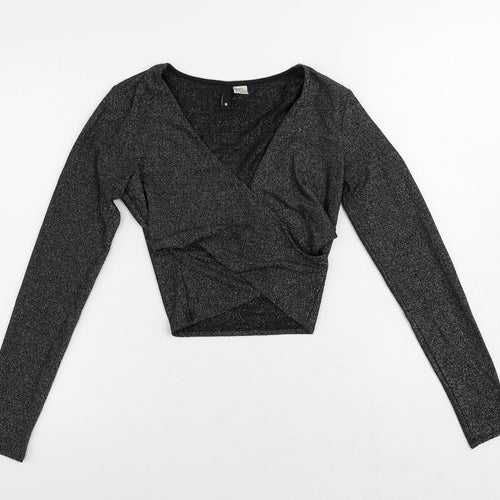 Divided by H&M Womens Black Polyamide Cropped Blouse Size S V-Neck - Glitter