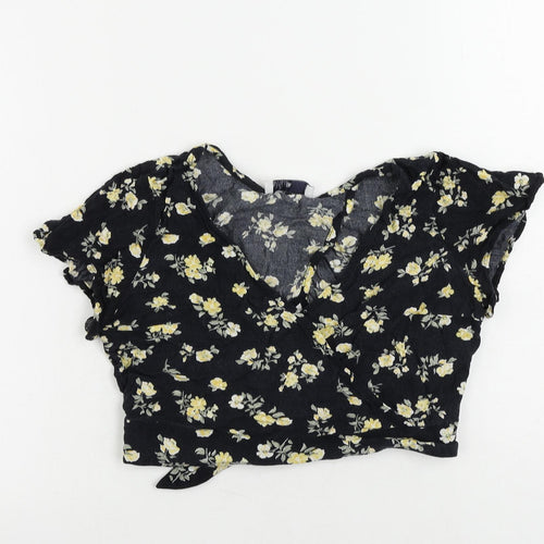 Hollister Womens Black Floral Viscose Cropped Blouse Size M V-Neck