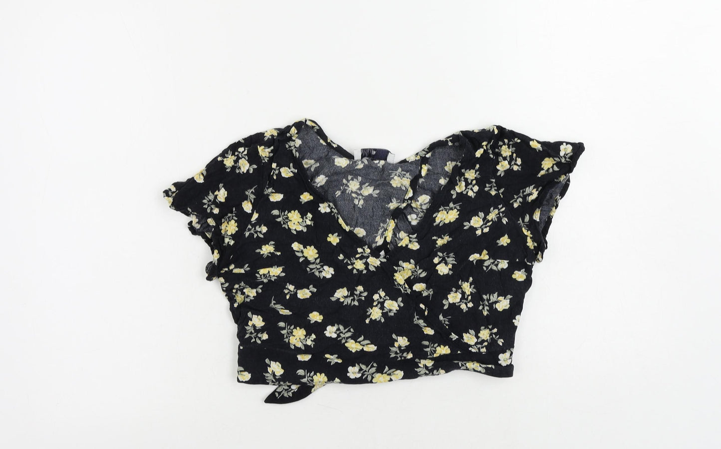 Hollister Womens Black Floral Viscose Cropped Blouse Size M V-Neck