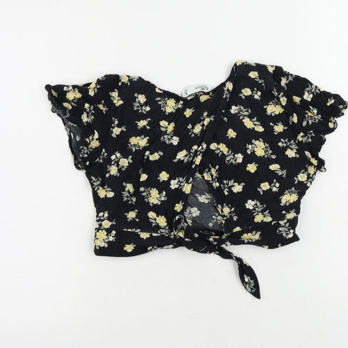 Hollister Womens Black Floral Viscose Cropped Blouse Size M V-Neck