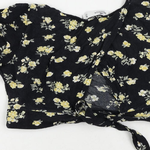 Hollister Womens Black Floral Viscose Cropped Blouse Size M V-Neck