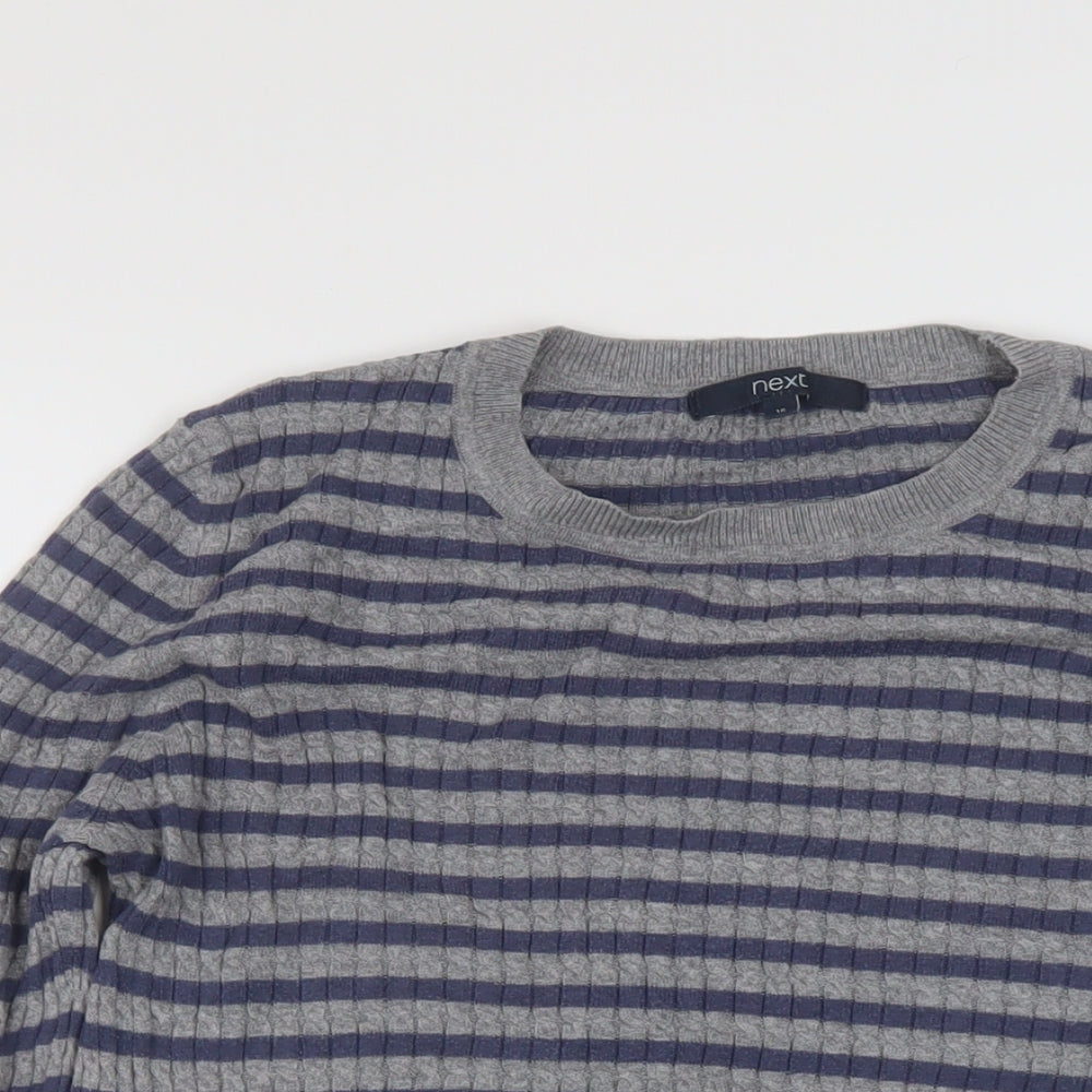 NEXT Womens Grey Crew Neck Striped Cotton Pullover Jumper Size 16