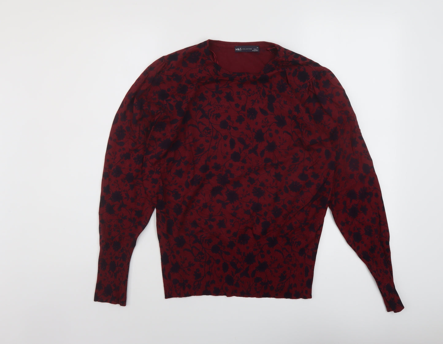 Marks and Spencer Womens Red Collared Floral Viscose Pullover Jumper Size 14