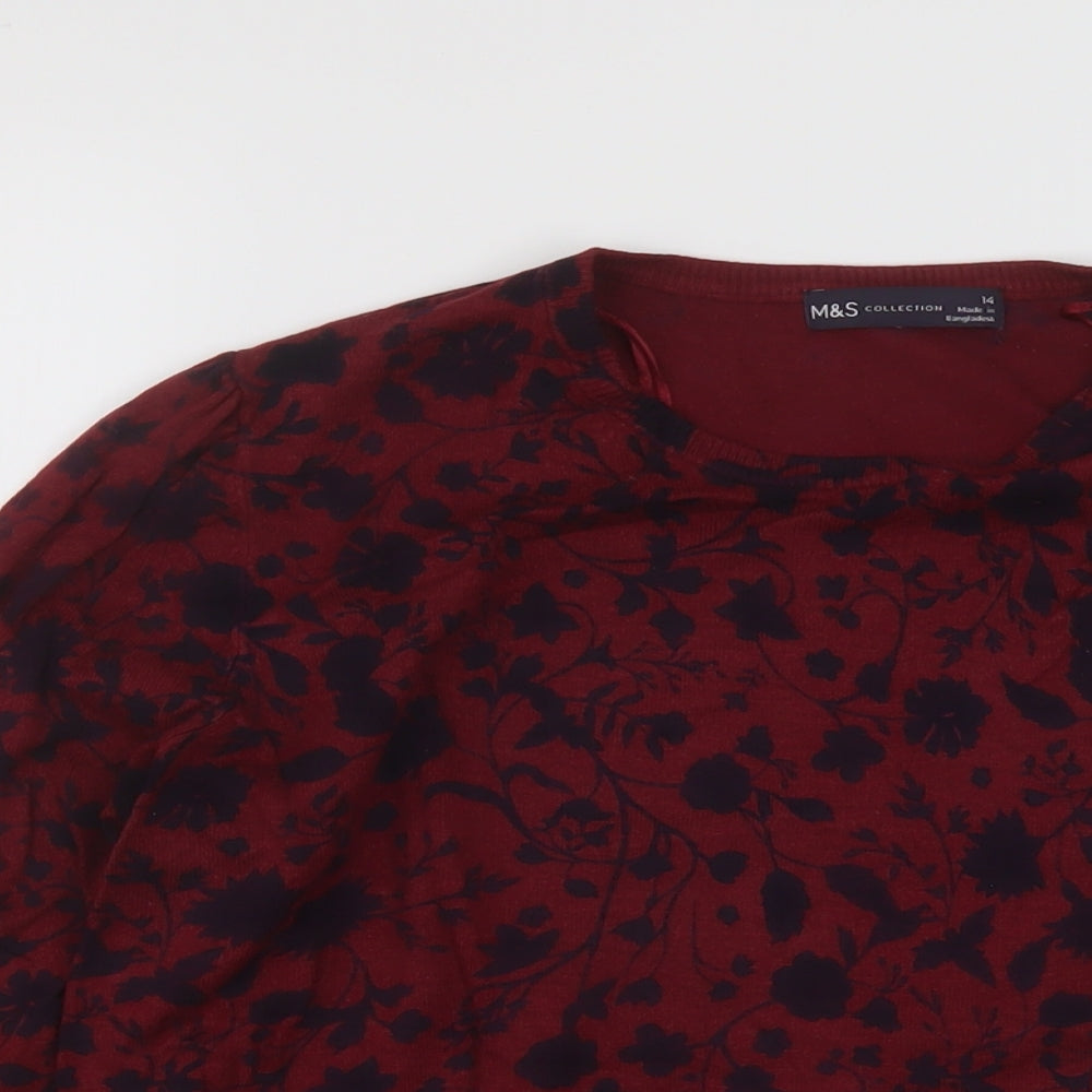 Marks and Spencer Womens Red Collared Floral Viscose Pullover Jumper Size 14