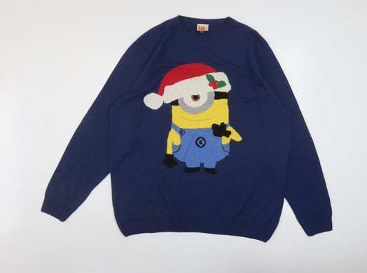 Despicable Me Mens Blue Crew Neck Acrylic Pullover Jumper Size XL Long Sleeve - Christmas