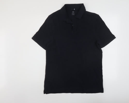 Marks and Spencer Mens Blue Cotton Polo Size M Collared Button