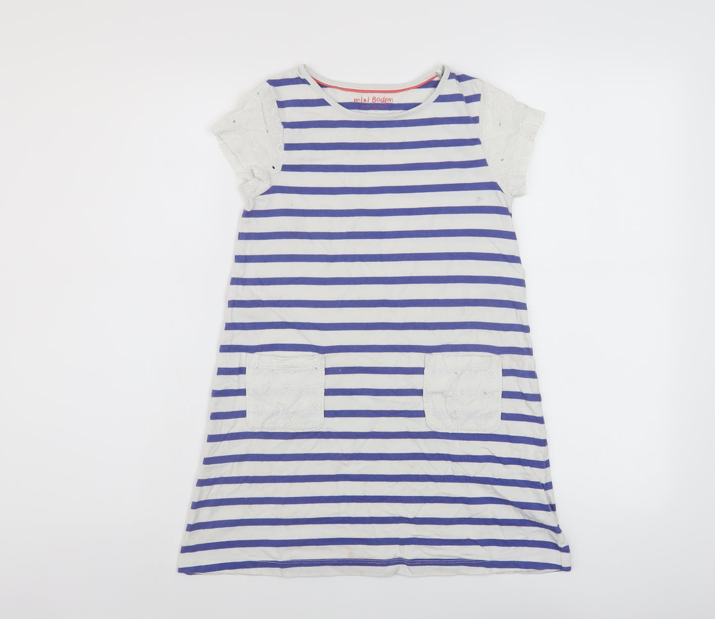 Boden Girls Blue Striped Cotton A-Line Size 7-8 Years Crew Neck Pullover