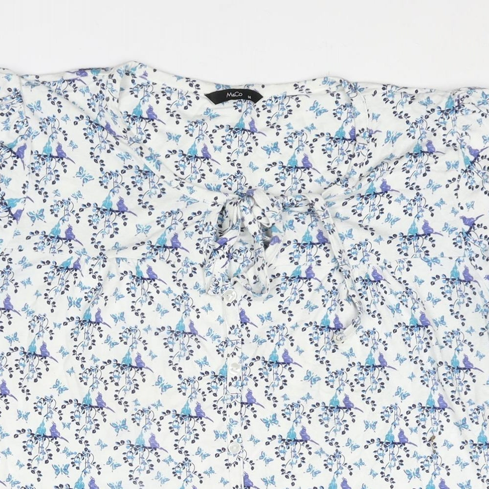 M&Co Womens Blue Floral Viscose Basic Blouse Size 14 Round Neck - Tie Button Detail