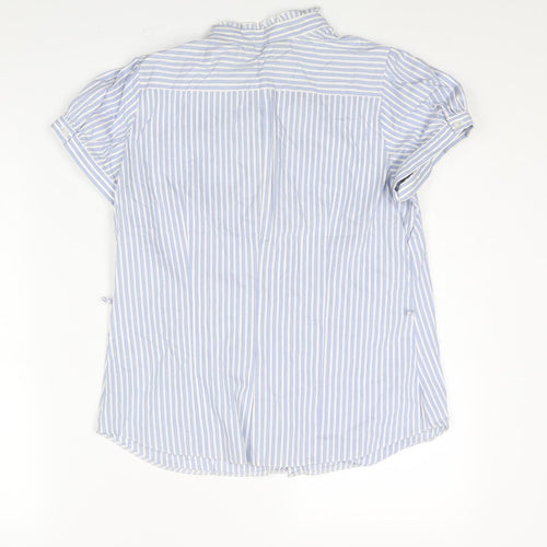 Dorothy Perkins Womens Blue Striped Cotton Basic Blouse Size 14 Mock Neck - Frill