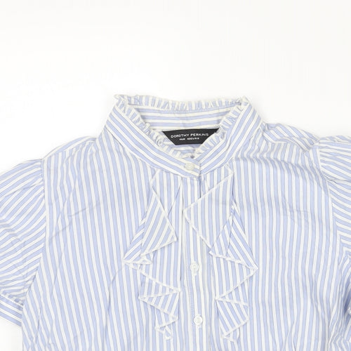 Dorothy Perkins Womens Blue Striped Cotton Basic Blouse Size 14 Mock Neck - Frill