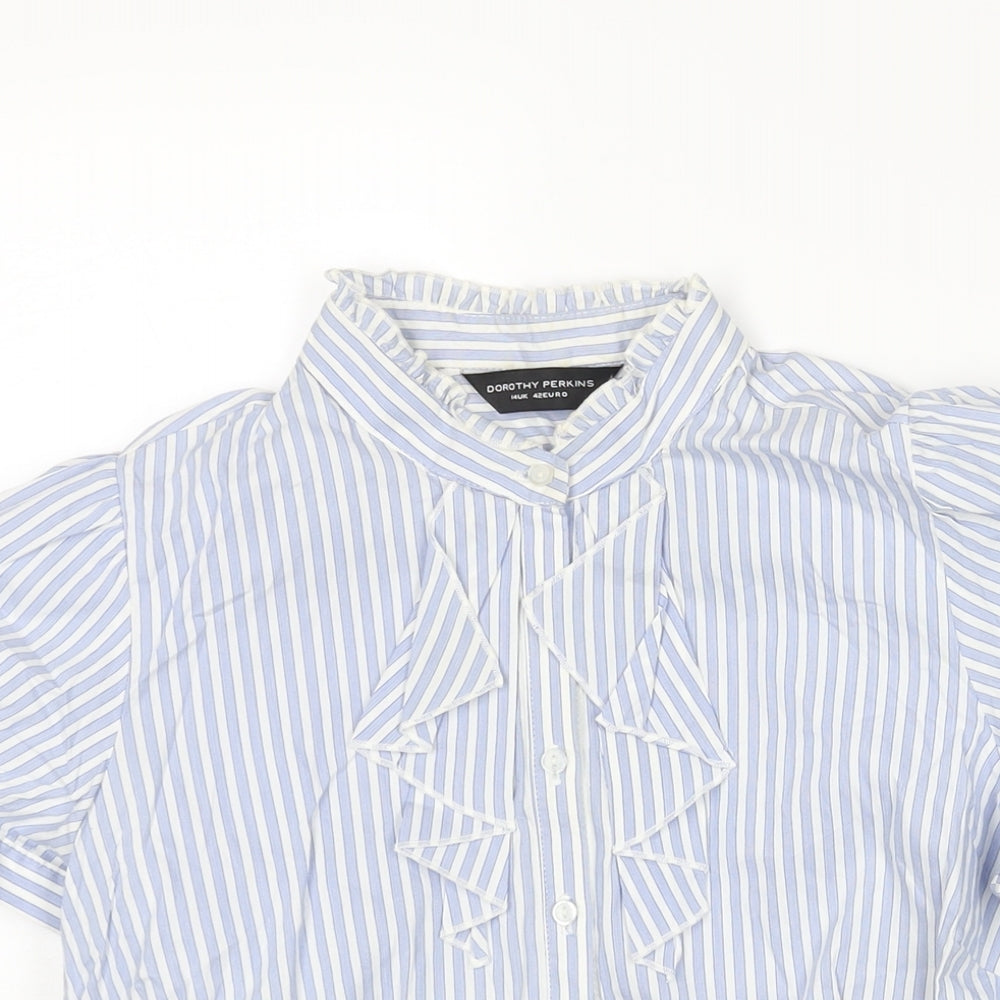 Dorothy Perkins Womens Blue Striped Cotton Basic Blouse Size 14 Mock Neck - Frill