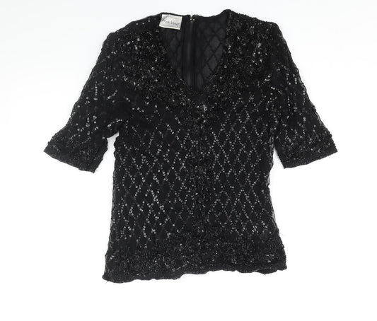 Frank Usher Womens Black Silk Basic Blouse Size S V-Neck - Sequin