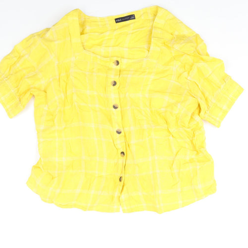 Marks and Spencer Womens Yellow Check Linen Basic Blouse Size 16 Scoop Neck