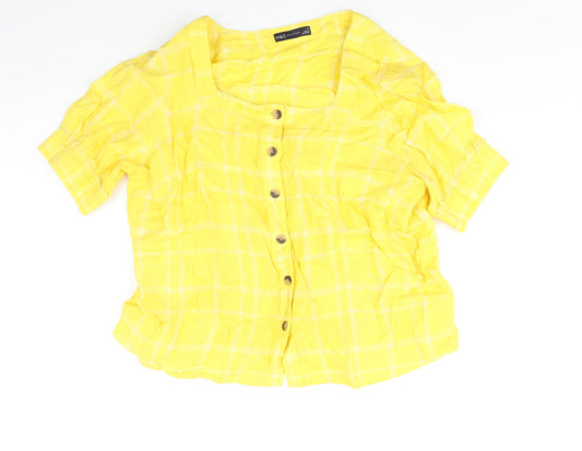 Marks and Spencer Womens Yellow Check Linen Basic Blouse Size 16 Scoop Neck