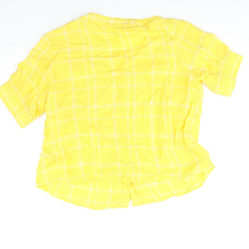 Marks and Spencer Womens Yellow Check Linen Basic Blouse Size 16 Scoop Neck