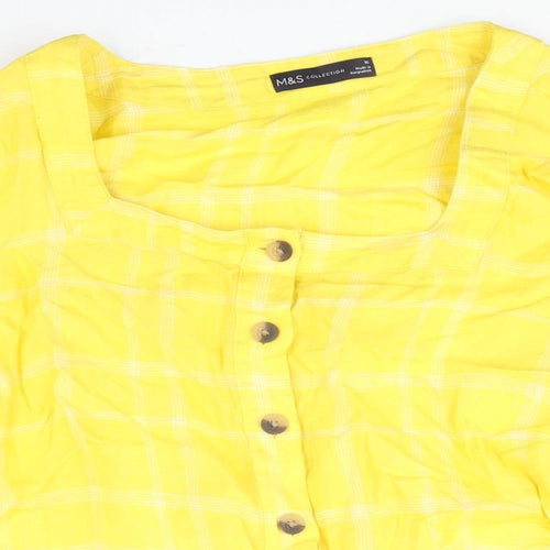 Marks and Spencer Womens Yellow Check Linen Basic Blouse Size 16 Scoop Neck