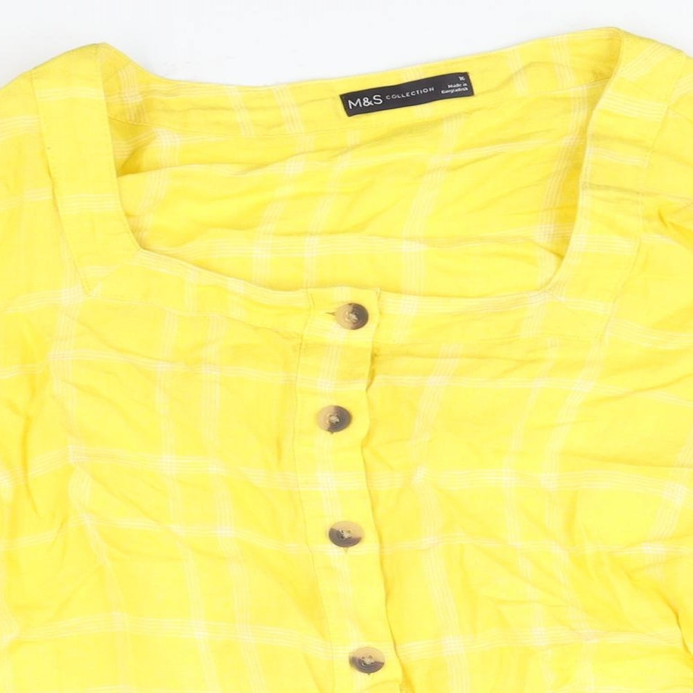 Marks and Spencer Womens Yellow Check Linen Basic Blouse Size 16 Scoop Neck