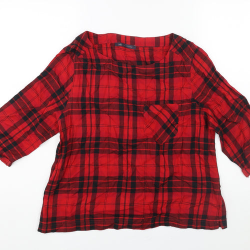 Marks and Spencer Womens Red Check Cotton Basic Blouse Size 14 Round Neck