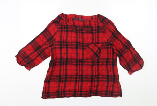 Marks and Spencer Womens Red Check Cotton Basic Blouse Size 14 Round Neck