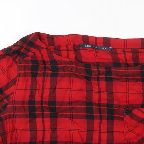 Marks and Spencer Womens Red Check Cotton Basic Blouse Size 14 Round Neck