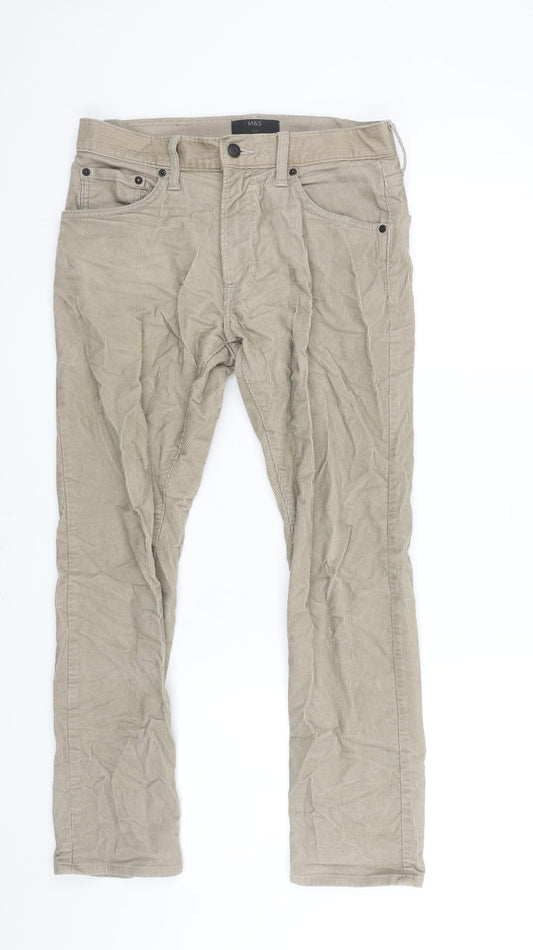 Marks and Spencer Mens Beige Cotton Trousers Size 30 in L29 in Regular Zip