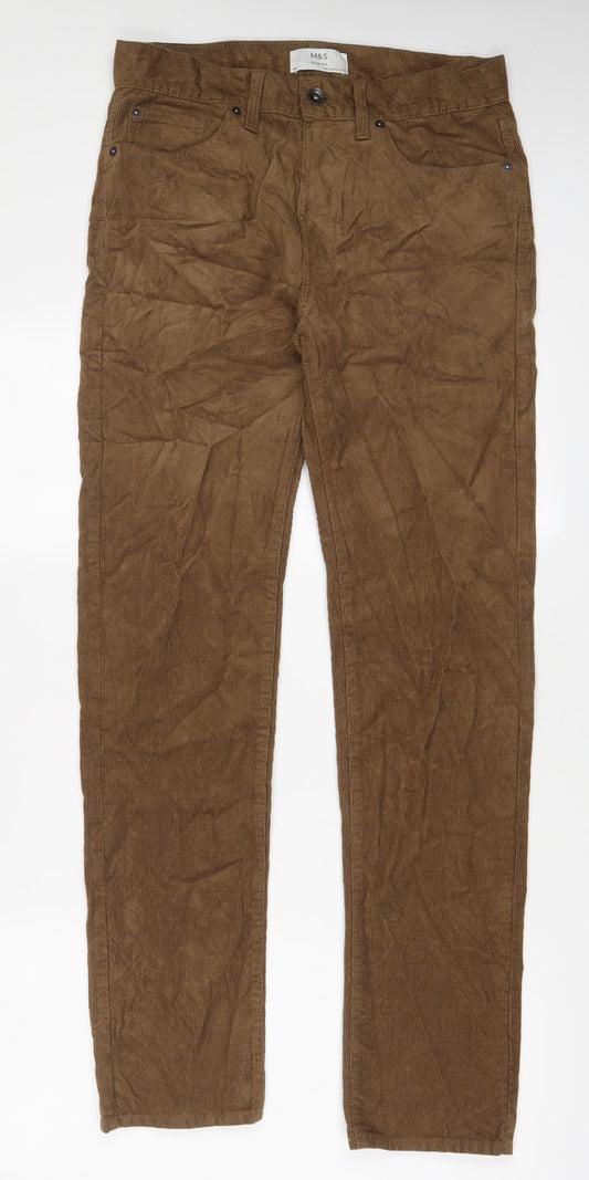 Marks and Spencer Mens Brown Cotton Trousers Size 30 in L33 in Slim Zip