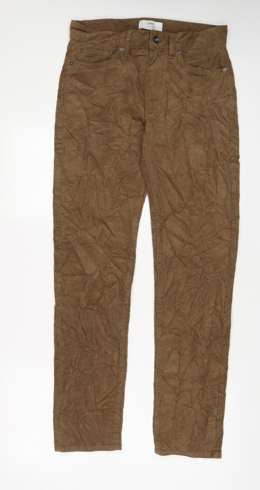 Marks and Spencer Mens Brown Cotton Trousers Size 30 in L31 in Slim Zip