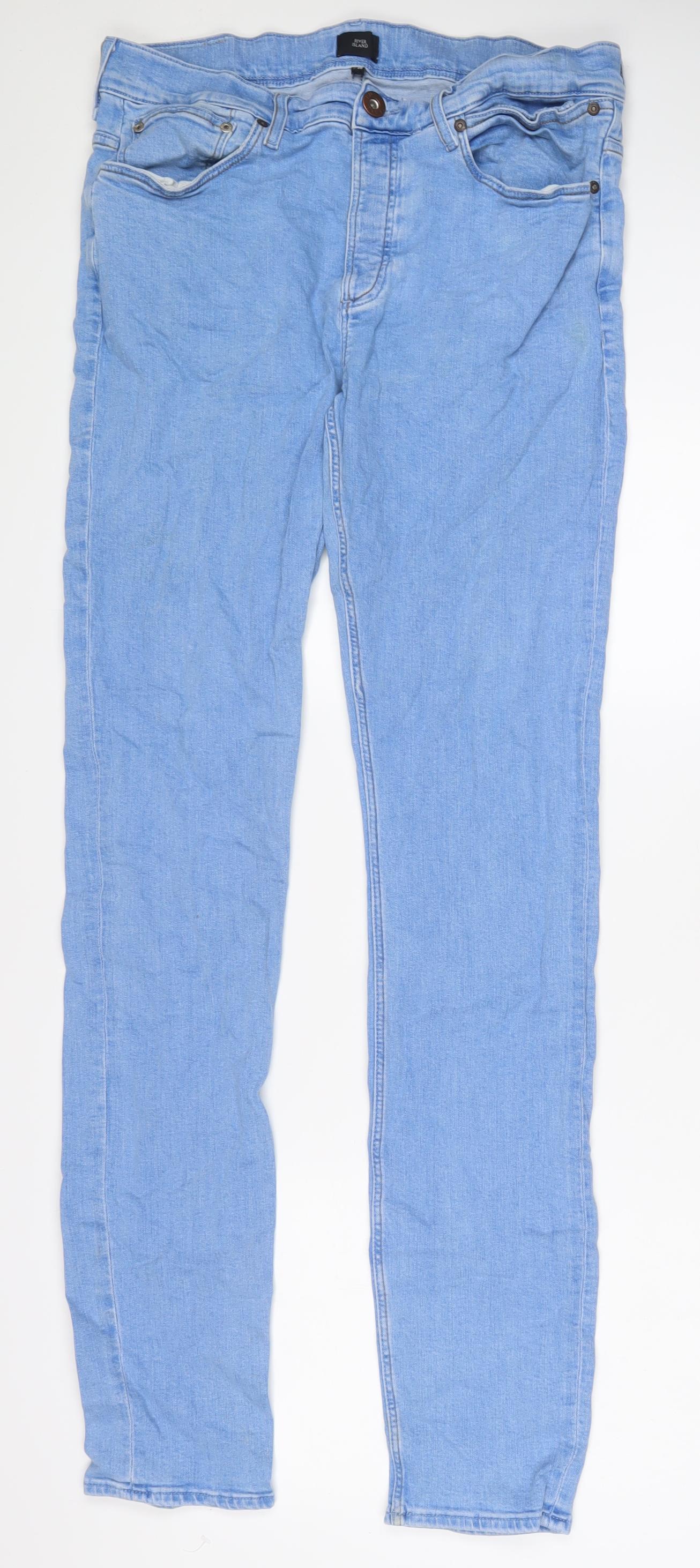 River Island Mens Blue Cotton Skinny Jeans Size 36 in L36 in Regular Button