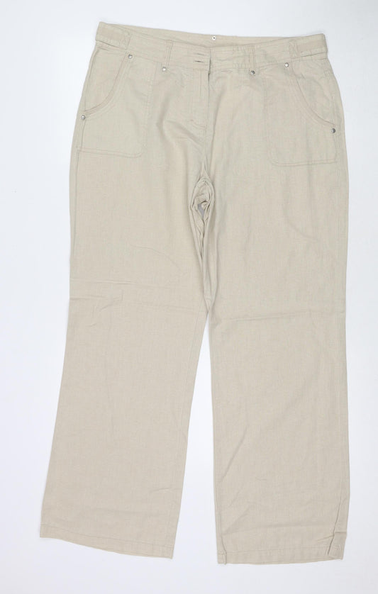 Wallis Womens Beige Linen Trousers Size 14 L30 in Regular Zip