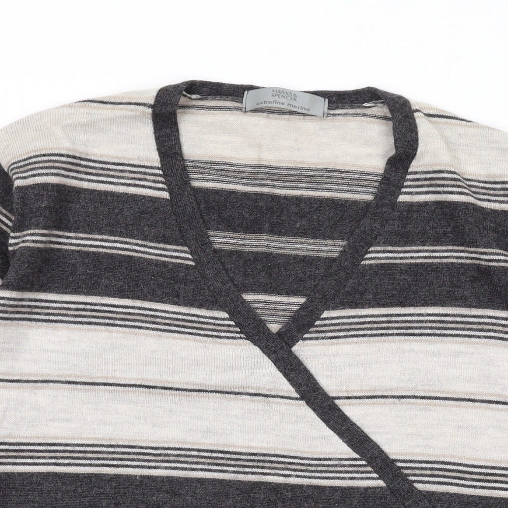 Marks and Spencer Womens Grey V-Neck Striped Wool Pullover Jumper Size 14