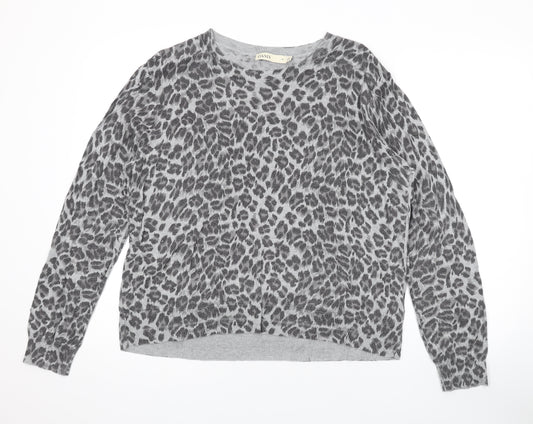 Oasis Womens Grey Round Neck Animal Print Cotton Pullover Jumper Size XL - Leopard Print