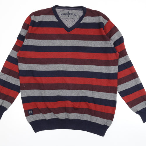 John Rocha Mens Multicoloured V-Neck Striped Cotton Pullover Jumper Size L Long Sleeve