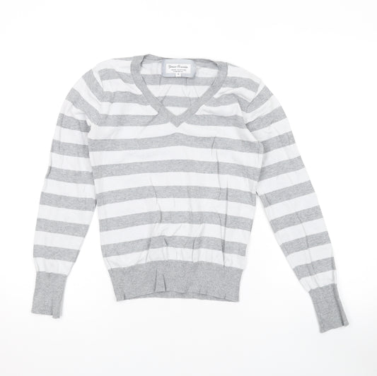 Jessica Favourite Womens Grey V-Neck Striped Cotton Pullover Jumper Size S